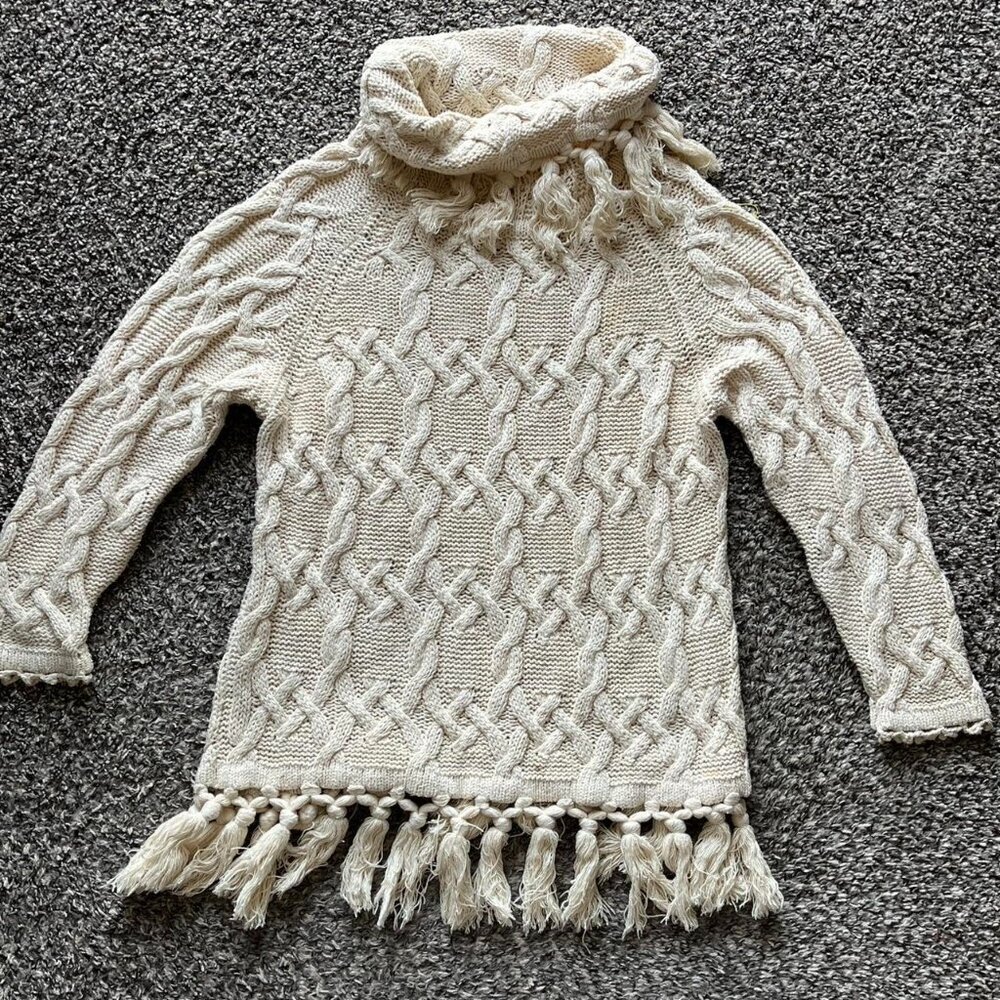 Vintage Chaus 100% Silk Cable Knit Sweater Womens Med Cream Tassels Indie Fairy